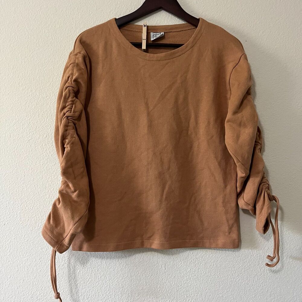 Baserange Women's Long Ruched Sleeve Round Neck Brown Pullover Sweater SZ S